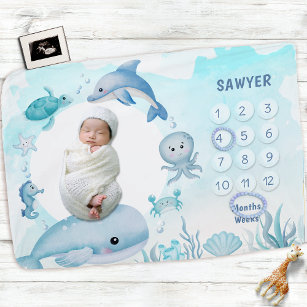 Blue Watercolor Ocean Animals Monthly Milestone Ba Baby Blanket