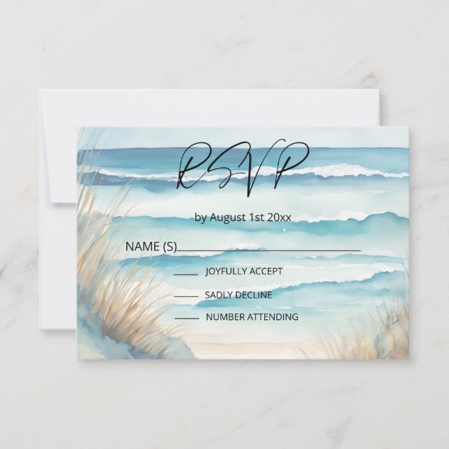 Blue Watercolor Ocean Beach Destination Wedding  RSVP Card (Front)