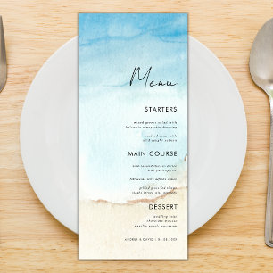 Blue Watercolor Ocean Beach Sand Wedding Dinner    Menu