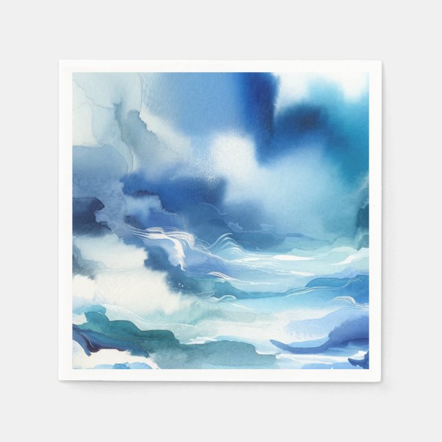 Blue Watercolor Ocean Water Waves Birthday Party Napkin (Front)
