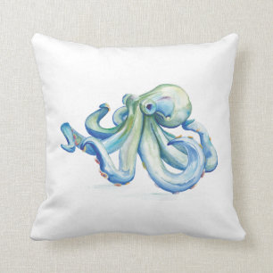 Blue Watercolor Octopus Throw Pillow