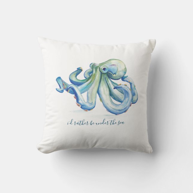 Blue Watercolor Octopus Throw Pillow (Front)