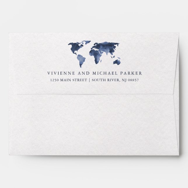 Blue Watercolor on White | World Map Wedding Envelope (Back (Top Flap))