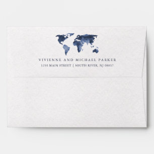 Blue Watercolor on White   World Map Wedding Envelope