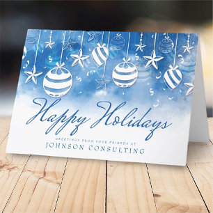 Blue Watercolor Ornaments   Holiday Greetings Card