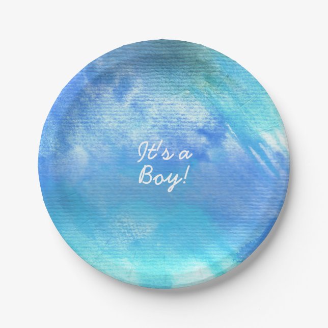 Blue Watercolor Paint baby shower or party plates (Front)