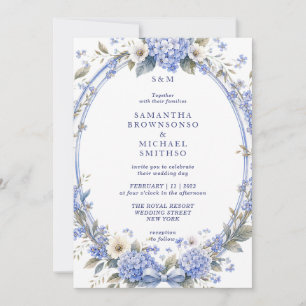 Blue Watercolor Paint Floral Classic Wedding Invitation
