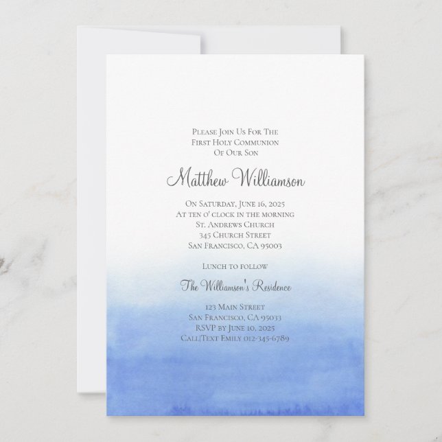 Blue Watercolor Painting Holy Communion Invitation (Front)