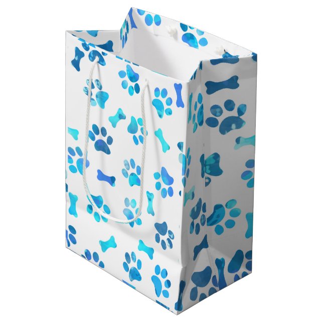 Blue Watercolor Paw Prints Birthday Medium Gift Bag (Front Angled)