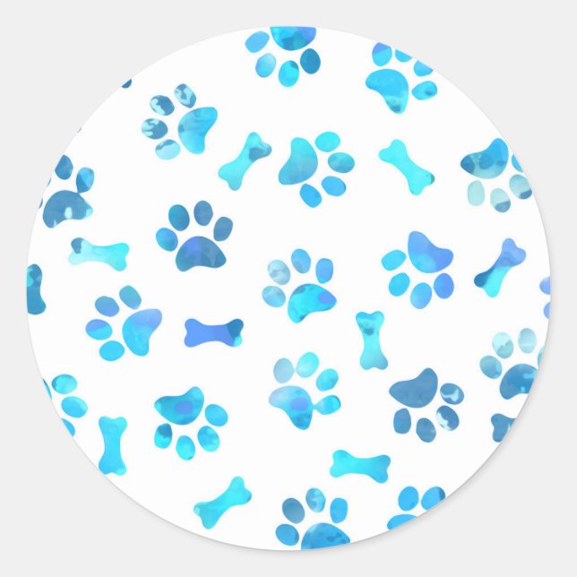 Blue Watercolor Paw Prints Classic Round Sticker (Front)