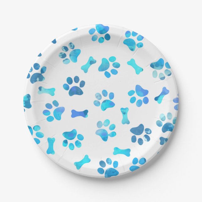 Blue Watercolor Paw Prints Paper Plate (Front)