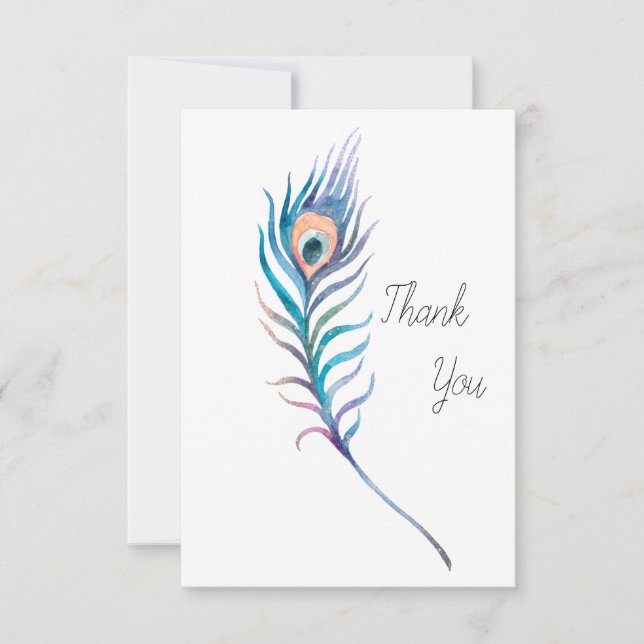 Blue watercolor peacock feather illustration thank you card (Front)
