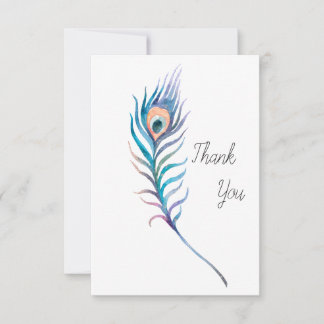 Blue watercolor peacock feather illustration thank you card
