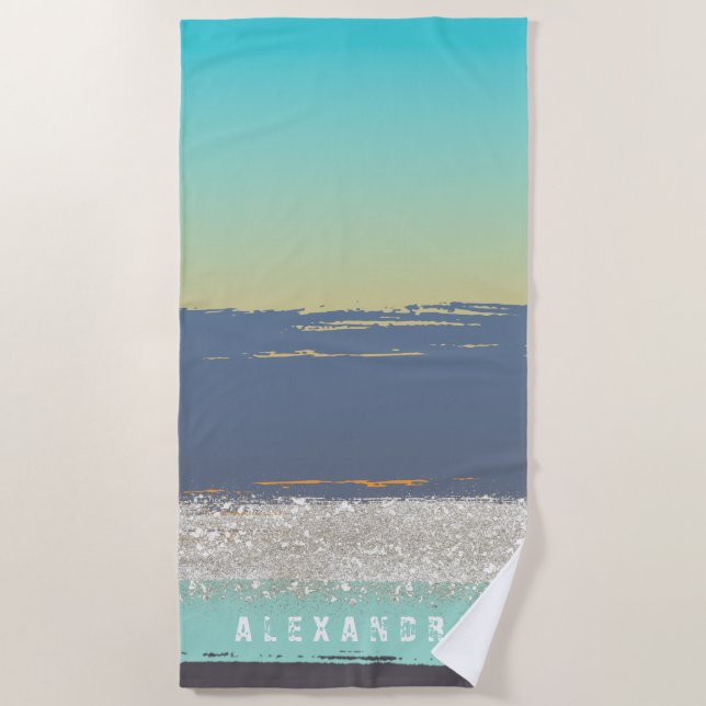Blue Watercolor Personalized Beach Towel (Front)