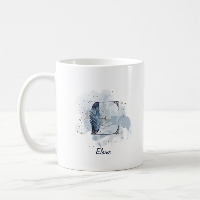 Blue Watercolor Personalized Name Letter Initial E Coffee Mug (Left)