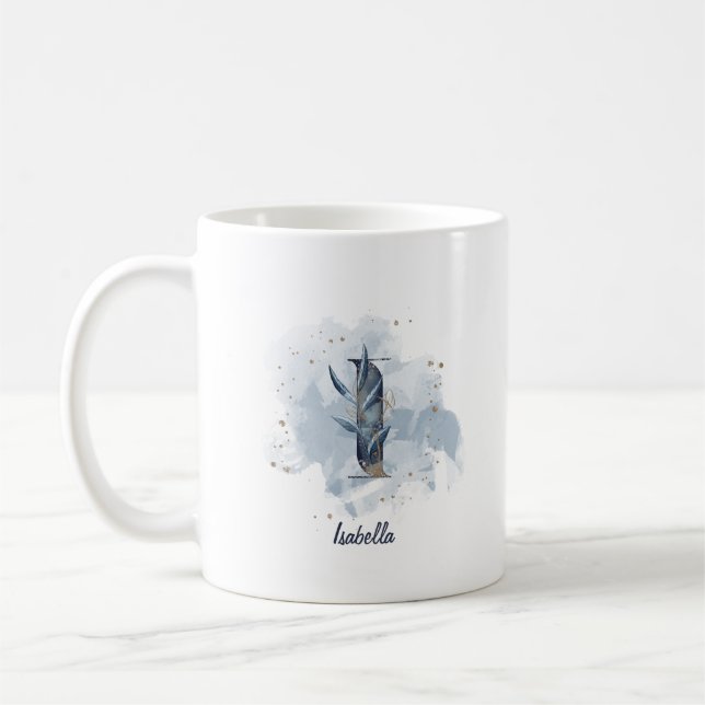 Blue Watercolor Personalized Name Letter Initial I Coffee Mug (Left)