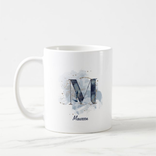 Blue Watercolor Personalized Name Letter Initial M Coffee Mug (Left)