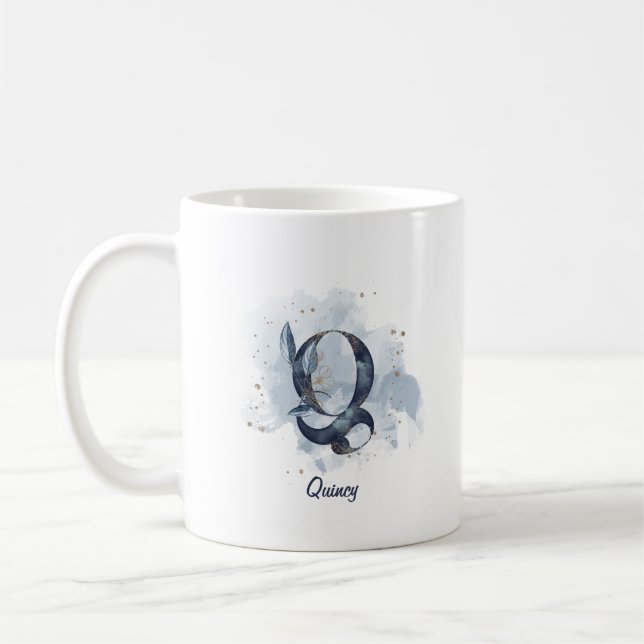 Blue Watercolor Personalized Name Letter Initial Q Coffee Mug (Left)