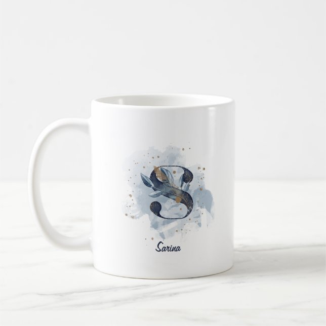Blue Watercolor Personalized Name Letter Initial S Coffee Mug (Left)