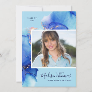 Blue Watercolor Photo Graduation Party Invitation