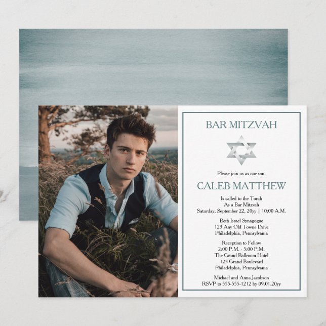Blue Watercolor Photo | Star of David Bar Mitzvah Invitation (Front/Back)