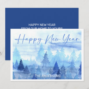 Blue Watercolor Pine Trees Winter Happy New Year H Holiday Card