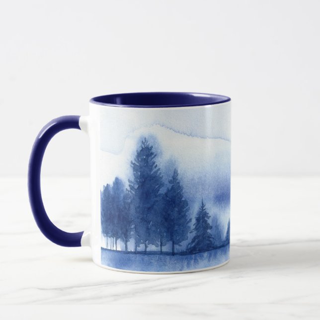 Blue Watercolor Pine Trees with Blue interior Mug (Left)