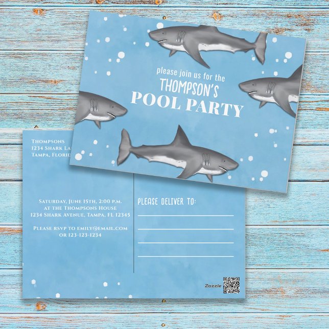Blue Watercolor Pool Party Sharks Custom Postcard (Creator Uploaded)