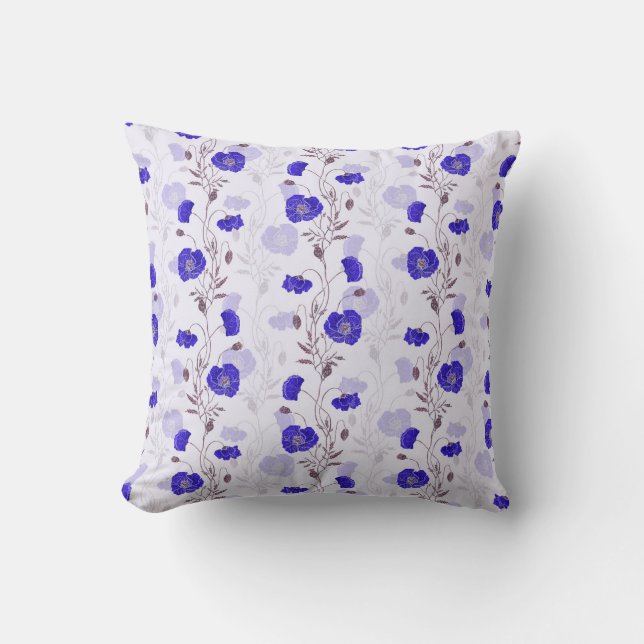 Blue Watercolor Poppies Throw Pillow (Front)