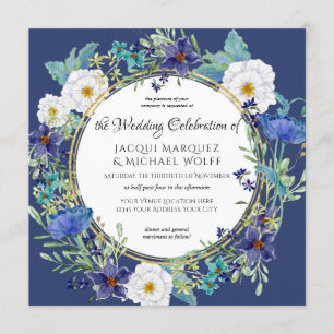 Blue Watercolor Poppy Leaf n Flower Floral Wedding Invitation