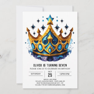  Blue Watercolor Prince Crown Birthday Invitation