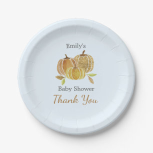 Blue Watercolor Pumpkin Fall Baby Shower Paper Plate