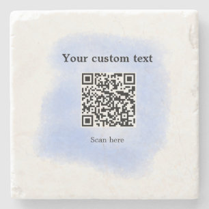 blue watercolor QR scan code add custom text rusti Stone Coaster