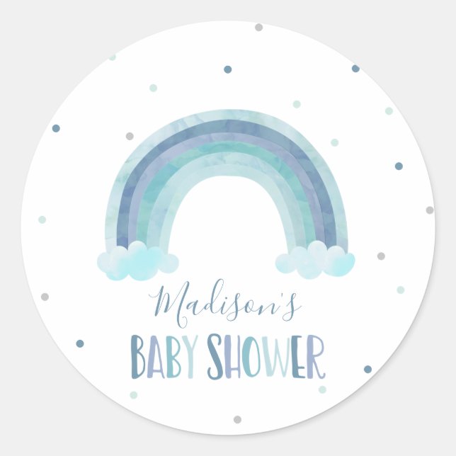 Blue Watercolor Rainbow Baby Shower Classic Round Sticker (Front)