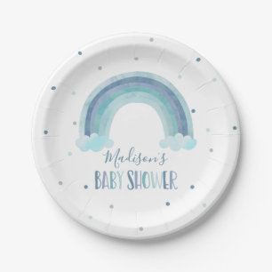 Blue Watercolor Rainbow Baby Shower Paper Plate
