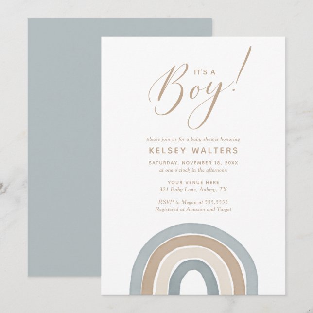 Blue Watercolor Rainbow Its a Boy Baby Shower Invitation (Front/Back)