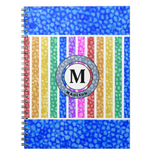 Blue Watercolor Rainbow Mosaic Stripe Monogram Notebook