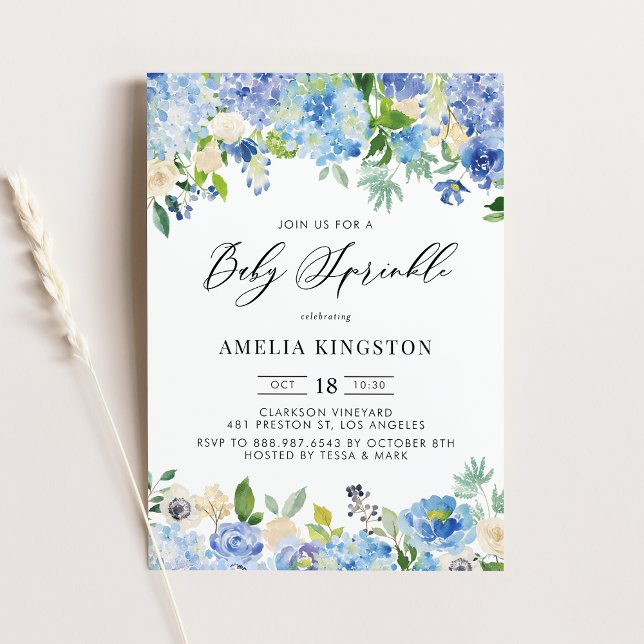 Blue Watercolor Rose and Hydrangea Baby Sprinkle Invitation (Creator Uploaded)