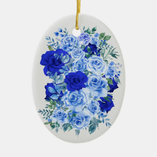 Blue Watercolor Rose Bouquet Ceramic Ornament