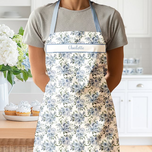 Blue Watercolor Rose Flowers Apron (Charlotte Blue Roses Apron)