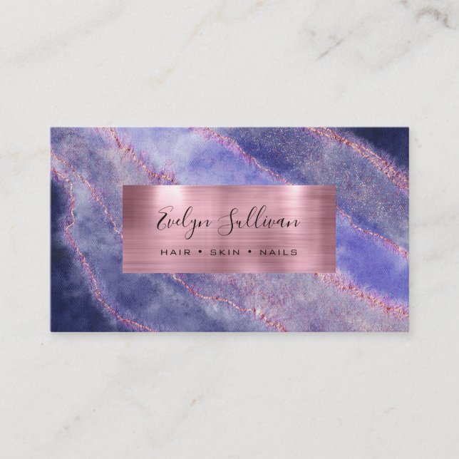 Blue Watercolor Rose Gold Foil Business Card (Front)