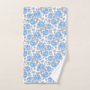 Blue watercolor roses and grey leaves hand towel