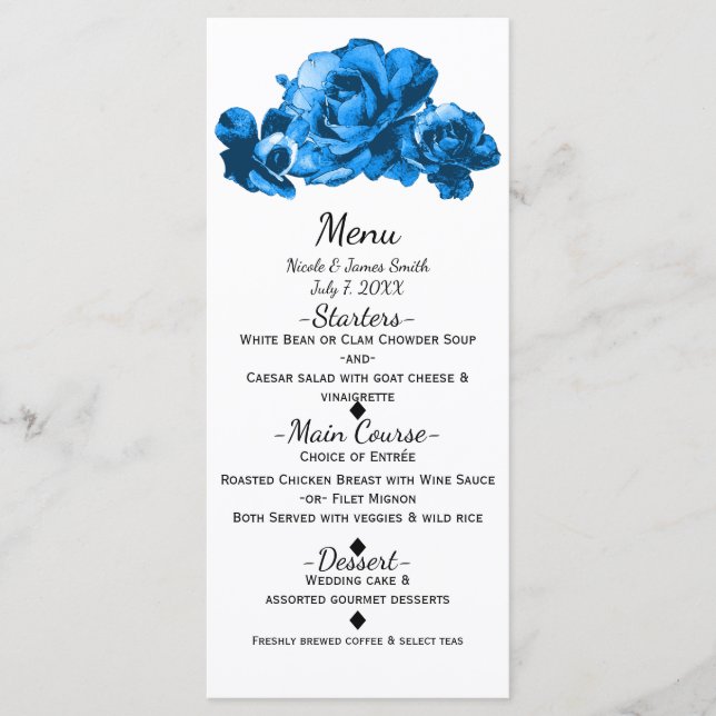 Blue Watercolor Roses Elegant Wedding Menu (Front)