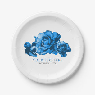 Blue Watercolor Roses Elegant Wedding Paper Plate