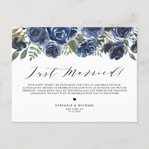 Blue Watercolor Roses Floral Just Married Wedding Announcement Postcard