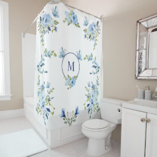 Blue Watercolor Roses Monogram Floral