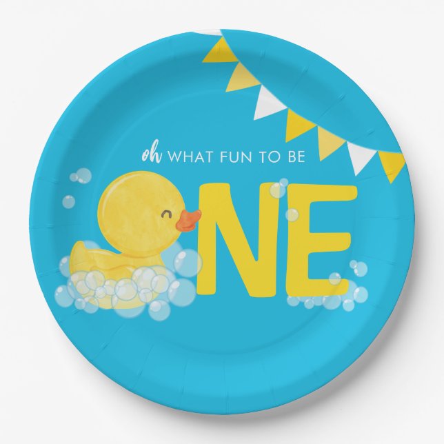Blue Watercolor Rubber Duck ONE 1st Birthday Paper Plate (Front)