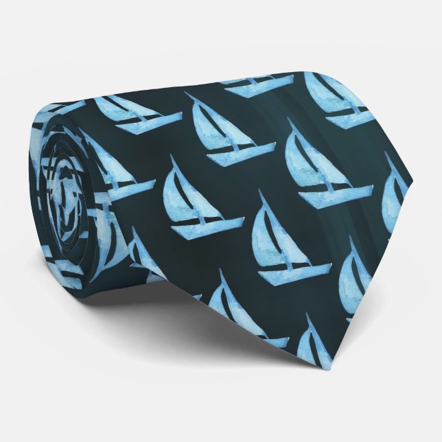 Blue Watercolor Sailboats Tie (Rolled)