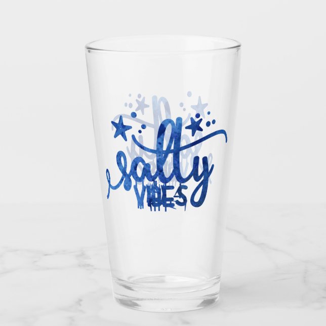 Blue Watercolor Salty Vibes Beach Pint Glass (Front)