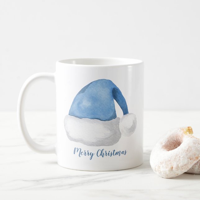 Blue Watercolor Santa Hat Personalized Christmas Coffee Mug (With Donut)